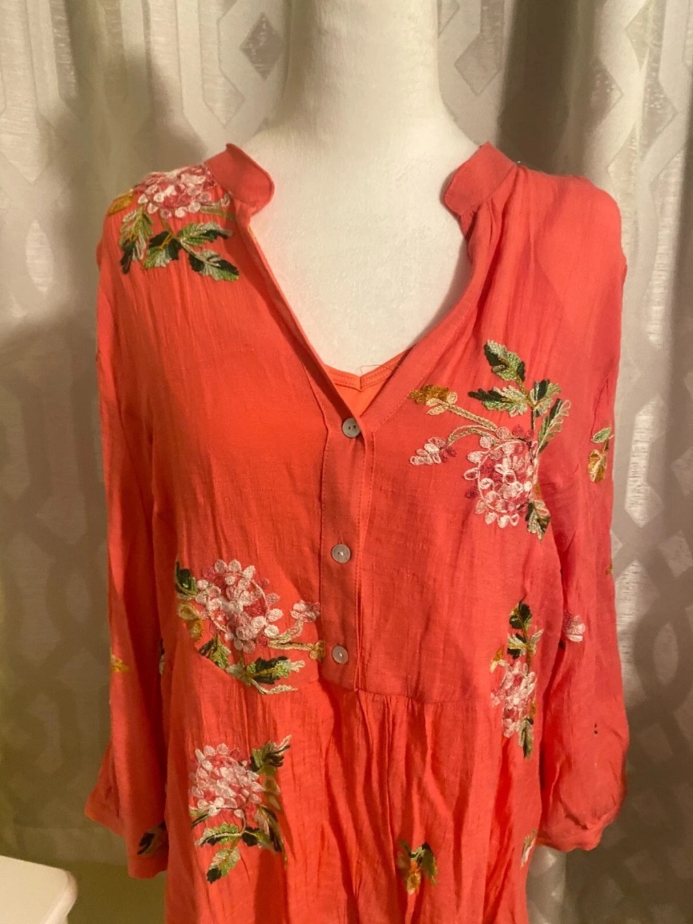 Embroidered Coral Button-Front Tunic Top - Picture 2 of 4